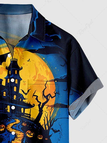 Gothic Plus Size Halloween Pumpkin Moon Bat Castle Print Buttons Pocket Shirt For Men