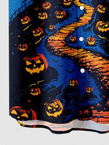 Gothic Plus Size Halloween Pumpkin Moon Bat Castle Print Buttons Pocket Shirt For Men