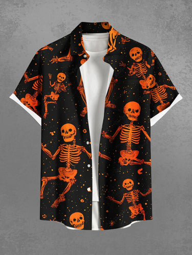 Gothic Plus Size Halloween Skull Skeleton Stars Print Buttons Pocket Shirt For Men