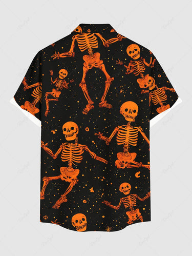 Gothic Plus Size Halloween Skull Skeleton Stars Print Buttons Pocket Shirt For Men