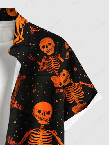 Gothic Plus Size Halloween Skull Skeleton Stars Print Buttons Pocket Shirt For Men