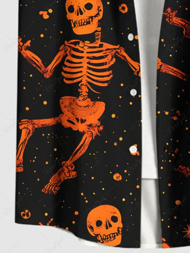 Gothic Plus Size Halloween Skull Skeleton Stars Print Buttons Pocket Shirt For Men