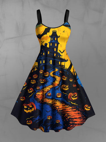 Gothic Plus Size Halloween Pumpkin Moon Bat Castle Print Tank Dress