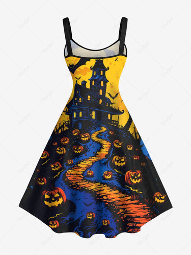 Gothic Plus Size Halloween Pumpkin Moon Bat Castle Print Tank Dress