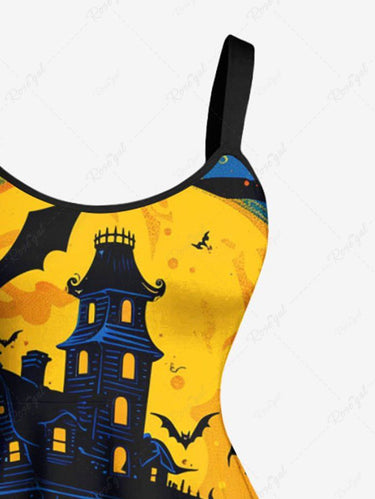 Gothic Plus Size Halloween Pumpkin Moon Bat Castle Print Tank Dress