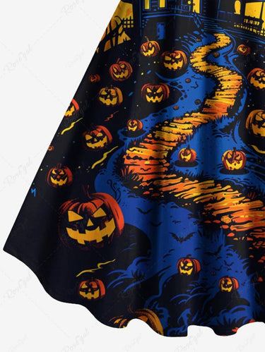 Gothic Plus Size Halloween Pumpkin Moon Bat Castle Print Tank Dress