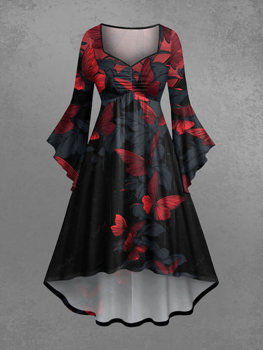 Gothic Plus Size Butterfly Leaf Print Ruched Flare Sleeves High Low Dress