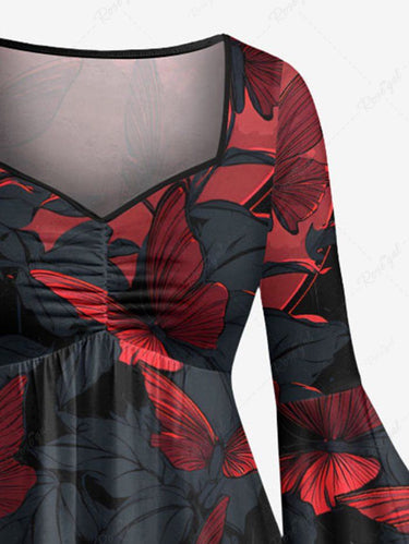 Gothic Plus Size Butterfly Leaf Print Ruched Flare Sleeves High Low Dress