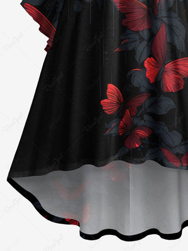 Gothic Plus Size Butterfly Leaf Print Ruched Flare Sleeves High Low Dress