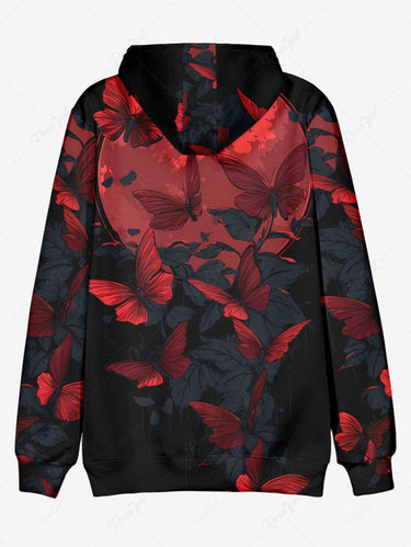 Gothic Plus Size Butterfly Leaf Print Drawstring Pockets Hoodie For Men