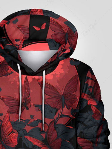 Gothic Plus Size Butterfly Leaf Print Drawstring Pockets Hoodie For Men