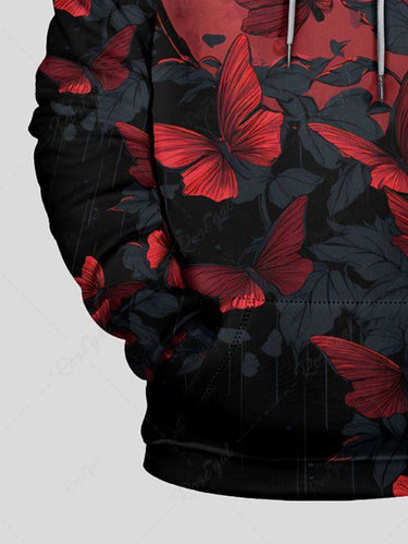 Gothic Plus Size Butterfly Leaf Print Drawstring Pockets Hoodie For Men