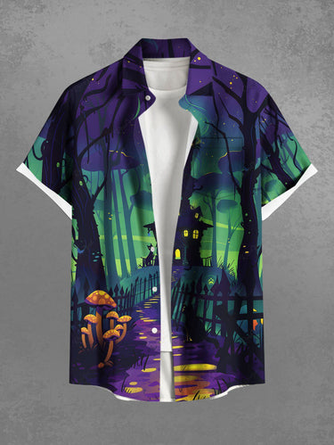 Gothic Plus Size Halloween Mushroom Castle Cat Tree Print Buttons Pocket Shirt For Men