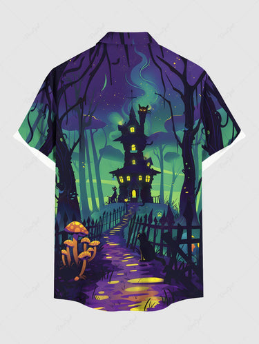 Gothic Plus Size Halloween Mushroom Castle Cat Tree Print Buttons Pocket Shirt For Men