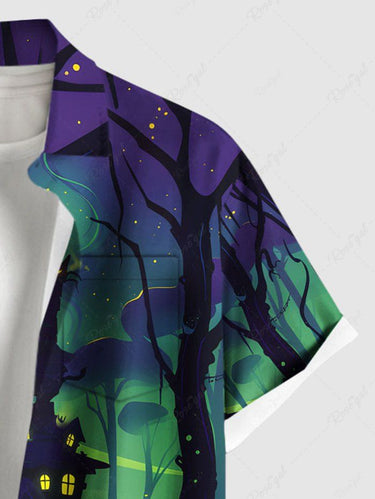 Gothic Plus Size Halloween Mushroom Castle Cat Tree Print Buttons Pocket Shirt For Men