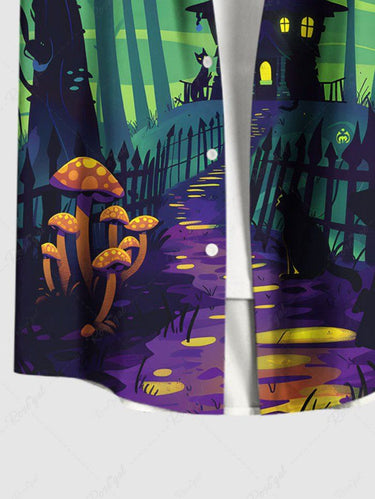 Gothic Plus Size Halloween Mushroom Castle Cat Tree Print Buttons Pocket Shirt For Men