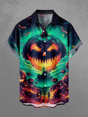 Gothic Plus Size Halloween Pumpkin Cloud Bat Print Buttons Pocket Shirt For Men