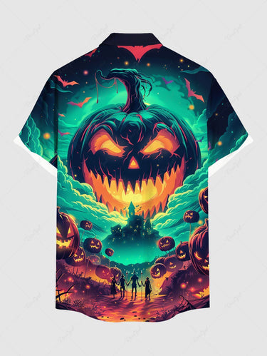 Gothic Plus Size Halloween Pumpkin Cloud Bat Print Buttons Pocket Shirt For Men