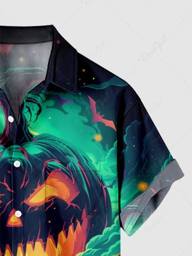 Gothic Plus Size Halloween Pumpkin Cloud Bat Print Buttons Pocket Shirt For Men