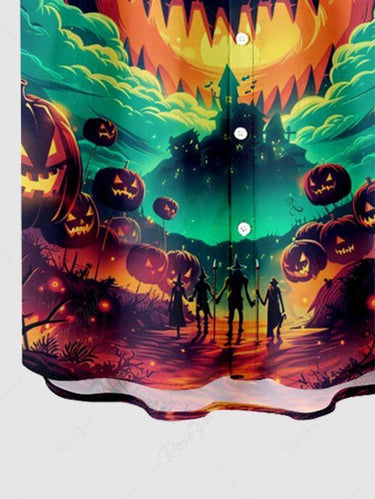 Gothic Plus Size Halloween Pumpkin Cloud Bat Print Buttons Pocket Shirt For Men
