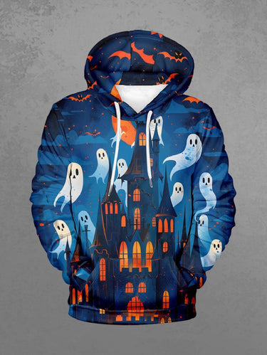 Gothic Plus Size Halloween Ghost Bat Castle Print Drawstring Pockets Hoodie For Men