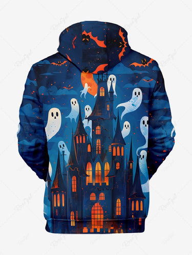 Gothic Plus Size Halloween Ghost Bat Castle Print Drawstring Pockets Hoodie For Men