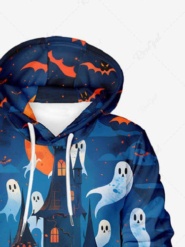 Gothic Plus Size Halloween Ghost Bat Castle Print Drawstring Pockets Hoodie For Men