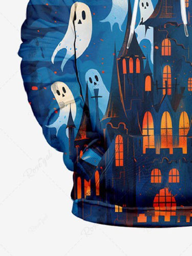 Gothic Plus Size Halloween Ghost Bat Castle Print Drawstring Pockets Hoodie For Men