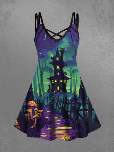 Gothic Plus Size Halloween Mushroom Castle Cat Tree Print Crisscross Cami Dress
