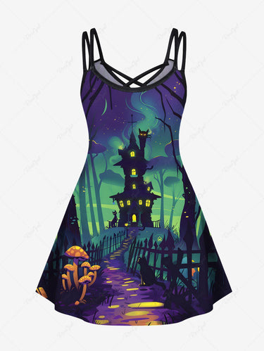 Gothic Plus Size Halloween Mushroom Castle Cat Tree Print Crisscross Cami Dress