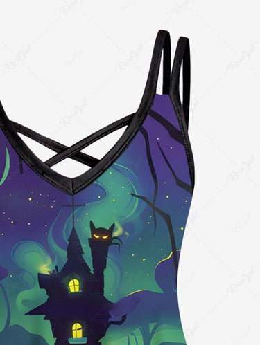 Gothic Plus Size Halloween Mushroom Castle Cat Tree Print Crisscross Cami Dress