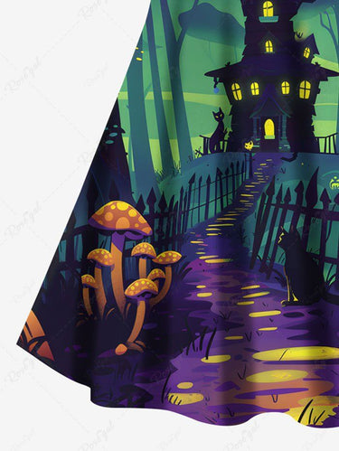 Gothic Plus Size Halloween Mushroom Castle Cat Tree Print Crisscross Cami Dress