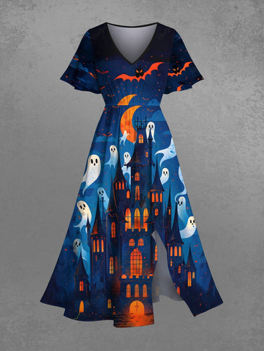Gothic Plus Size Halloween Ghost Bat Castle Print Split Midi Dress
