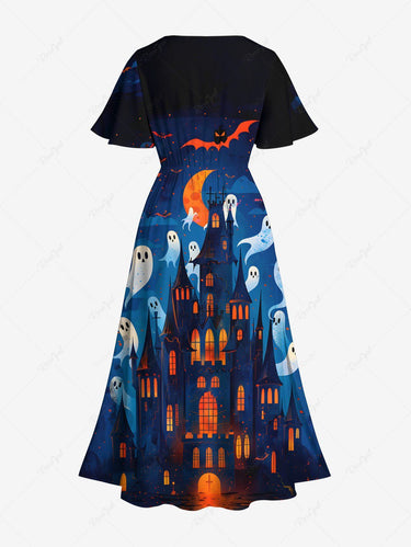 Gothic Plus Size Halloween Ghost Bat Castle Print Split Midi Dress