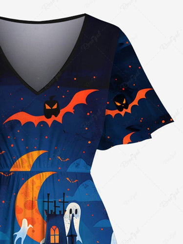 Gothic Plus Size Halloween Ghost Bat Castle Print Split Midi Dress