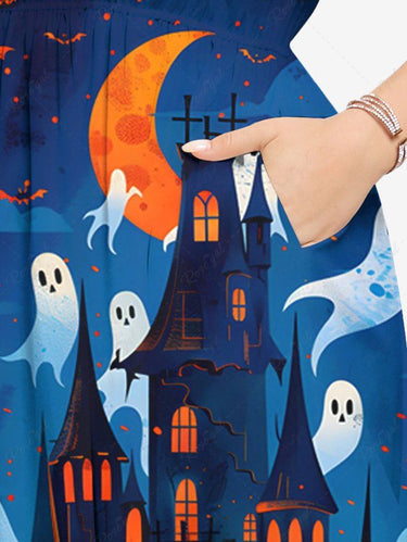 Gothic Plus Size Halloween Ghost Bat Castle Print Split Midi Dress