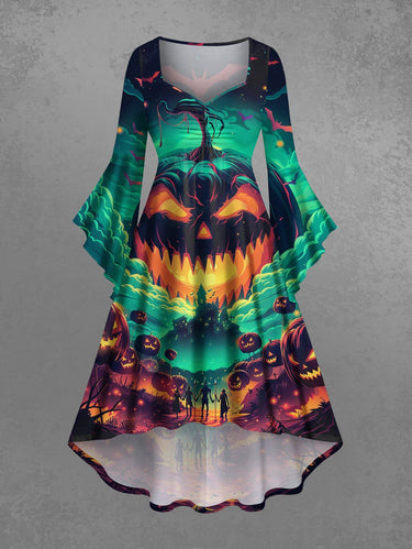 Gothic Plus Size Halloween Pumpkin Cloud Bat Print Ruched Flare Sleeves High Low Dress