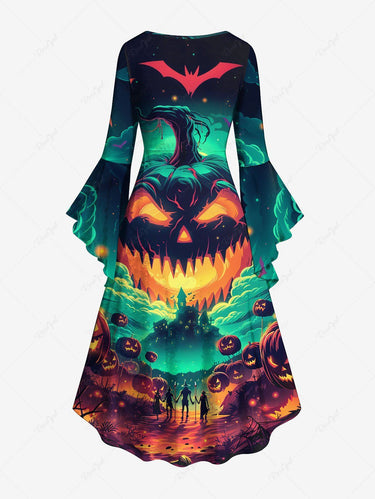 Gothic Plus Size Halloween Pumpkin Cloud Bat Print Ruched Flare Sleeves High Low Dress