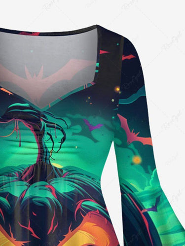 Gothic Plus Size Halloween Pumpkin Cloud Bat Print Ruched Flare Sleeves High Low Dress