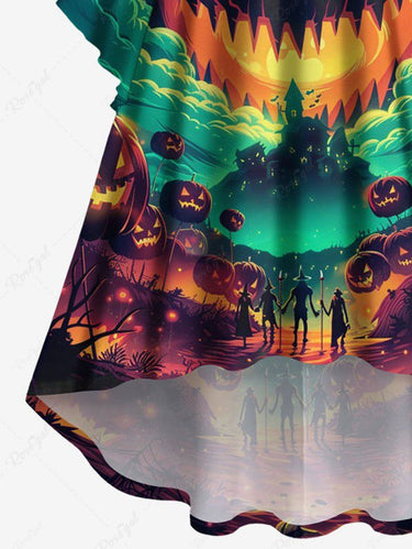 Gothic Plus Size Halloween Pumpkin Cloud Bat Print Ruched Flare Sleeves High Low Dress