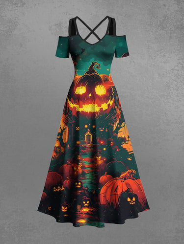 Gothic Plus Size Halloween Pumpkin Tree Print Cold Shoulder Crisscross Maxi Dress