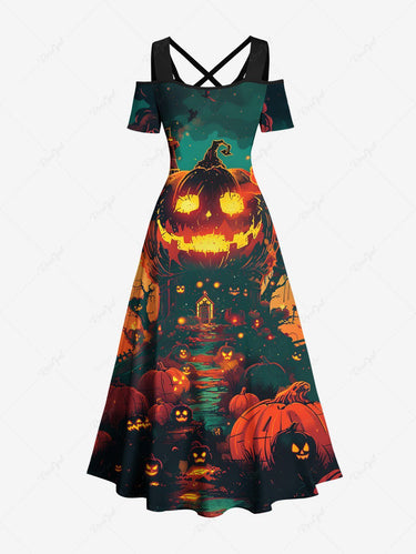 Gothic Plus Size Halloween Pumpkin Tree Print Cold Shoulder Crisscross Maxi Dress