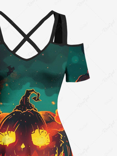 Gothic Plus Size Halloween Pumpkin Tree Print Cold Shoulder Crisscross Maxi Dress