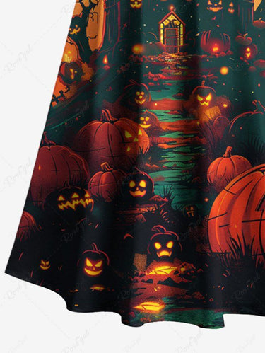 Gothic Plus Size Halloween Pumpkin Tree Print Cold Shoulder Crisscross Maxi Dress