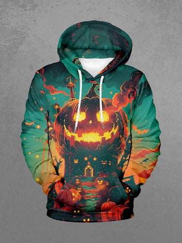 Gothic Plus Size Halloween Pumpkin Tree Bat Star Print Drawstring Pockets Hoodie For Men