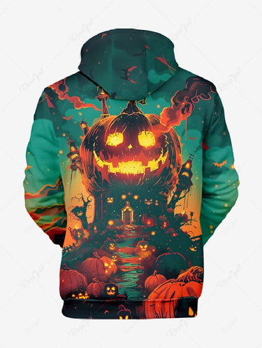 Gothic Plus Size Halloween Pumpkin Tree Bat Star Print Drawstring Pockets Hoodie For Men