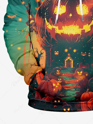 Gothic Plus Size Halloween Pumpkin Tree Bat Star Print Drawstring Pockets Hoodie For Men