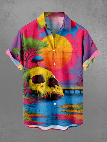 Gothic Plus Size Skull Mushroom Tree Moon River Print Button Pocket Shirt For Men