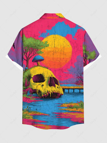 Gothic Plus Size Skull Mushroom Tree Moon River Print Button Pocket Shirt For Men