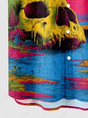 Gothic Plus Size Skull Mushroom Tree Moon River Print Button Pocket Shirt For Men